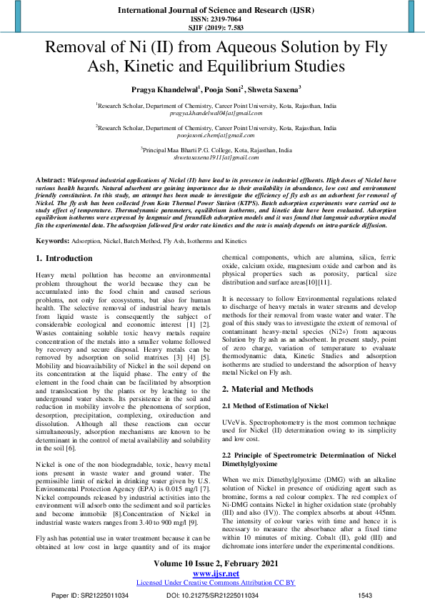 (PDF) Removal of Ni (II) from Aqueous Solution by Fly Ash, Kinetic and ...