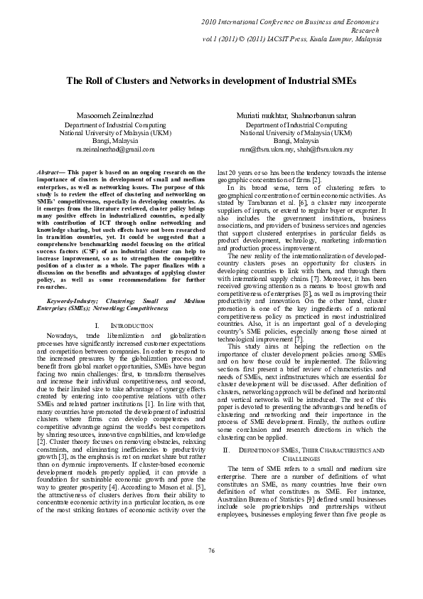 (PDF) The Roll of Clusters and Networks in development of Industrial SMEs
