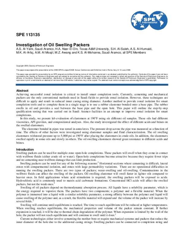 (PDF) Swelling Packers; Lab Testing and Field Application