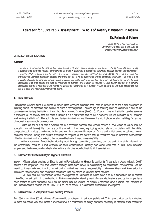 (PDF) Education for Sustainable Development: The Role of Tertiary ...