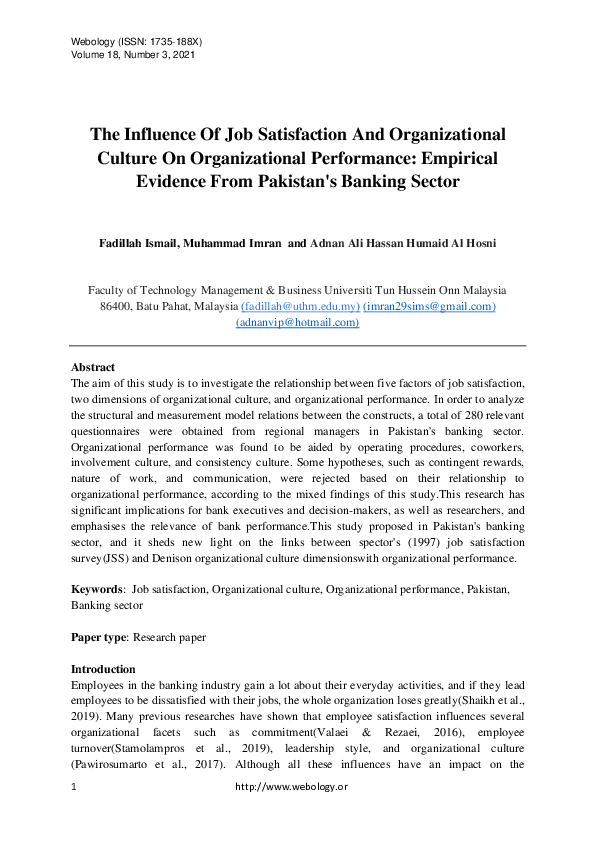 (PDF) The Influence of Job Satisfaction and Organizational Culture on ...