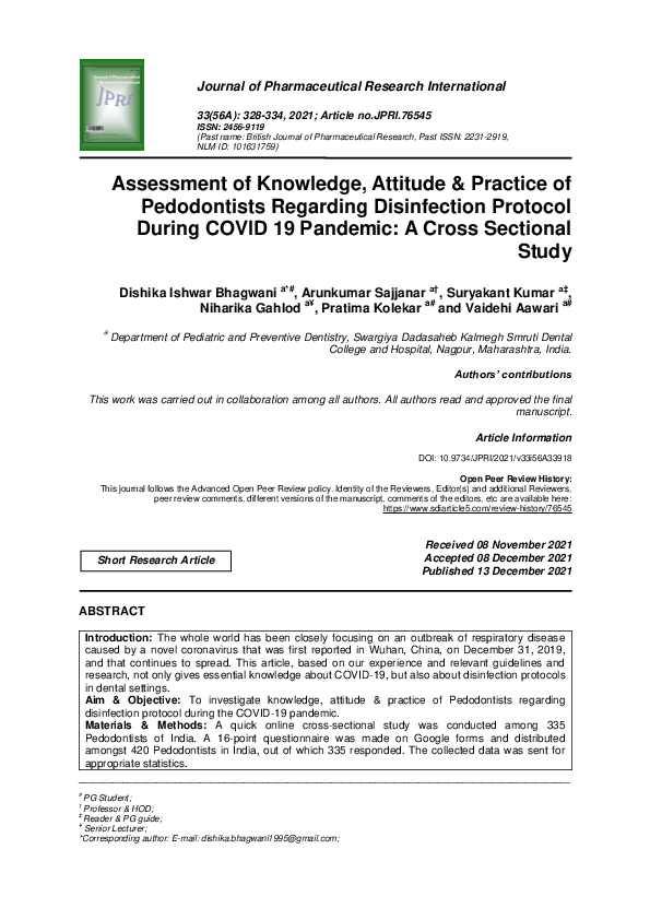 (PDF) Assessment of Knowledge, Attitude Practice of Pedodontists ...