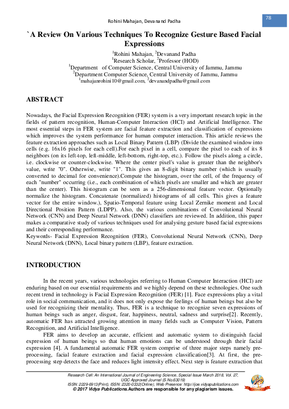 (PDF) A Review On Various Techniques To Recognize Gesture Based Facial ...