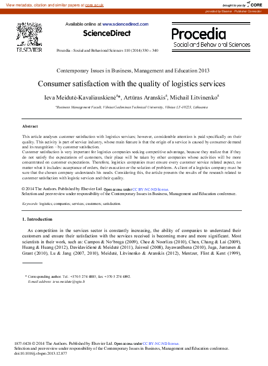 (PDF) Consumer Satisfaction with the Quality of Logistics Services