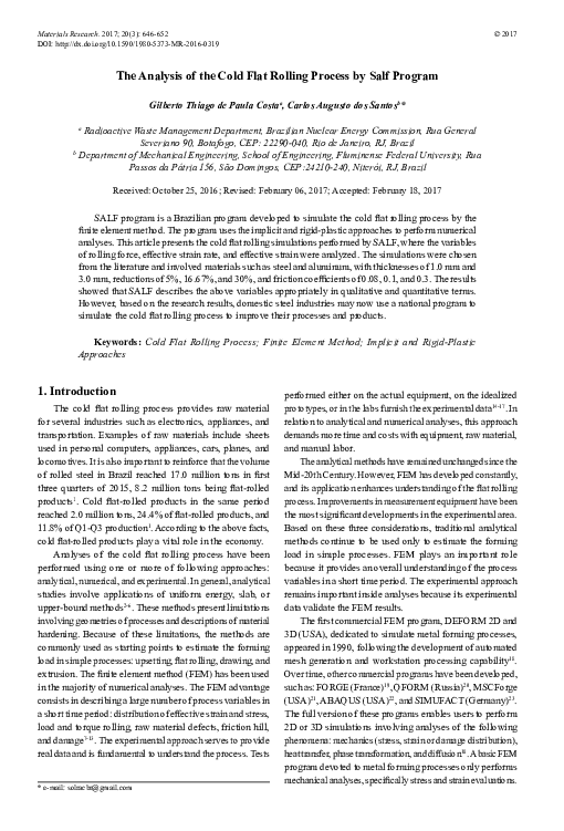 (PDF) The Analysis of the Cold Flat Rolling Process by Salf Program