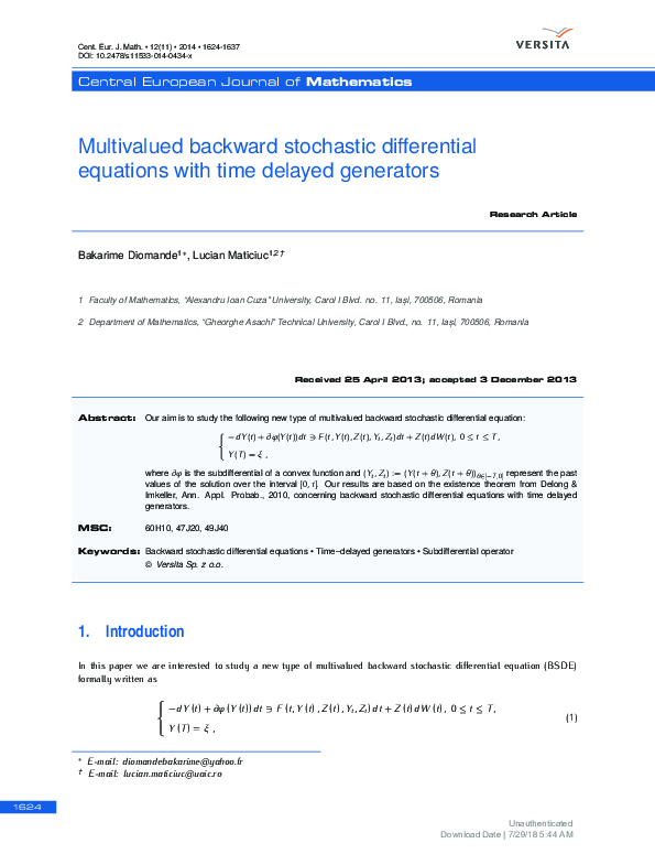 (PDF) Multivalued Backward Stochastic Differential Equations with Time ...