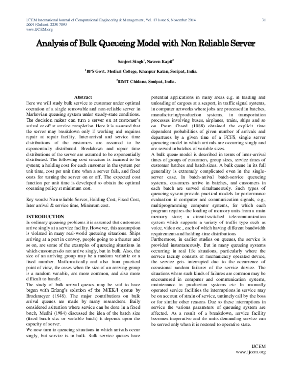 (PDF) Analysis of Bulk Queueing Model with Non Reliable Server