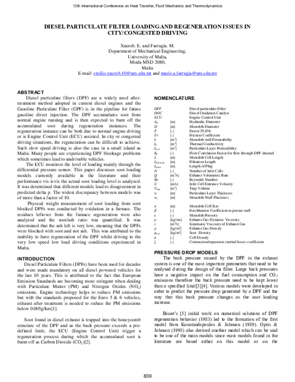 (PDF) Diesel particulate filter loading and regeneration issues in city