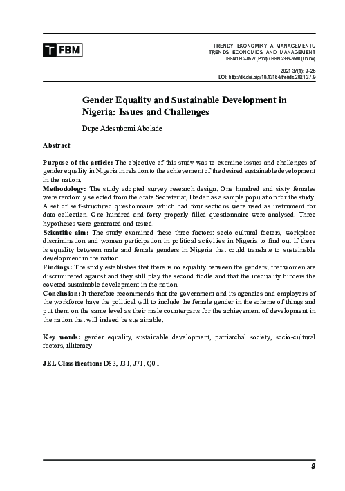(PDF) Gender Equality and Sustainable Development in Nigeria: Issues ...