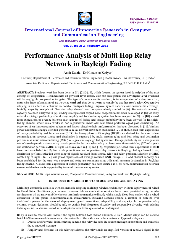 (PDF) Performance Analysis of Multi Hop Relay Network in Rayleigh Fading