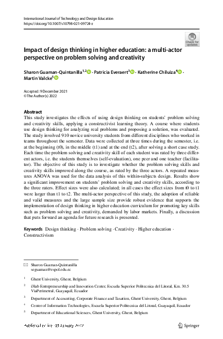 (PDF) Impact of design thinking in higher education: a multi-actor ...