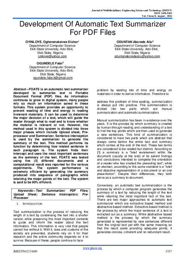 (PDF) Development Of Automatic Text Summarizer For PDF Files