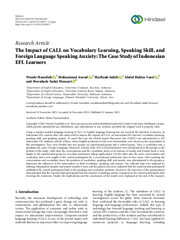(PDF) The Impact of CALL on Vocabulary Learning, Speaking Skill, and ...