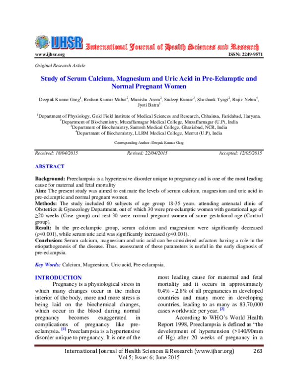 (PDF) Study of Serum Calcium, Magnesium and Uric Acid in Pre-Eclamptic ...