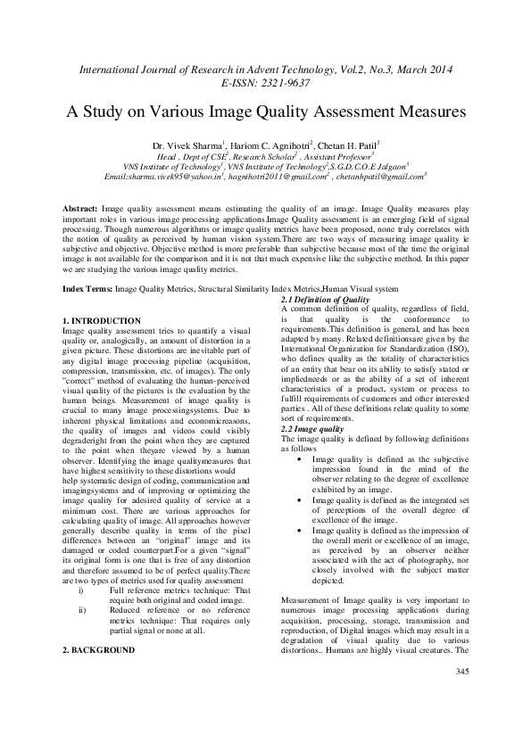 (PDF) A Study on Various Image Quality Assessment Measures