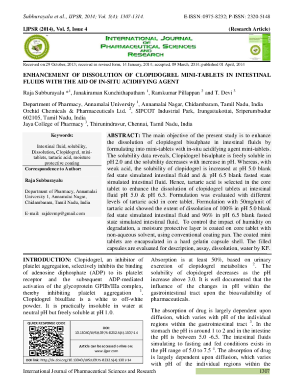 (PDF) ENHANCEMENT OF DISSOLUTION OF CLOPIDOGREL MINI-TABLETS IN ...