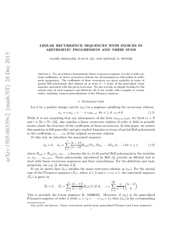 (PDF) Linear Recurrence Sequences With Indices in Arithmetic ...