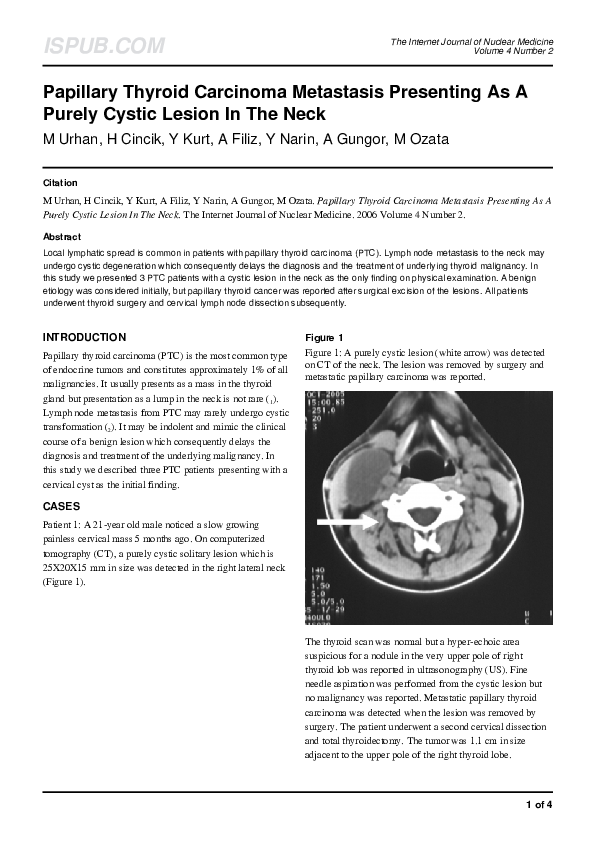 (PDF) Papillary Thyroid Carcinoma Metastasis Presenting As A Purely ...