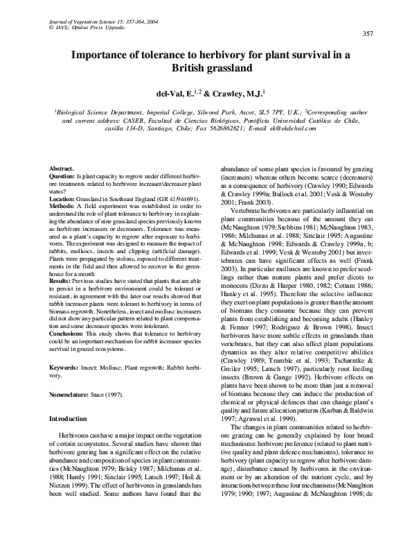 (PDF) Importance of tolerance to herbivory for plant survival in a ...
