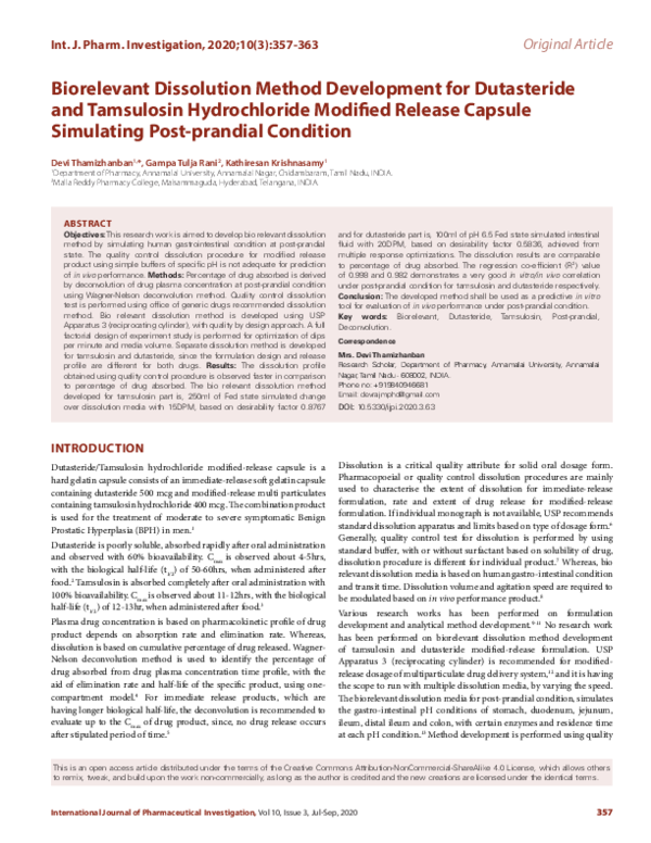 (PDF) Biorelevant Dissolution Method Development for Dutasteride and ...