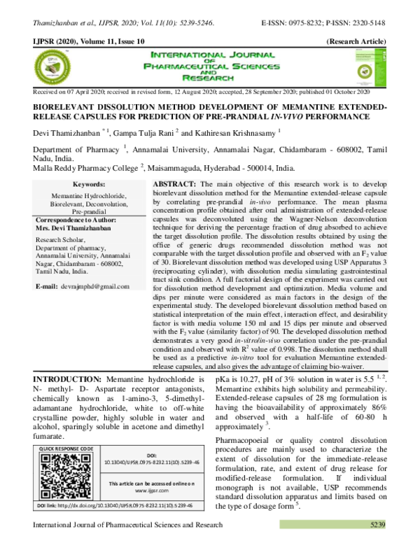 (PDF) BIORELEVANT DISSOLUTION METHOD DEVELOPMENT OF MEMANTINE EXTENDED ...