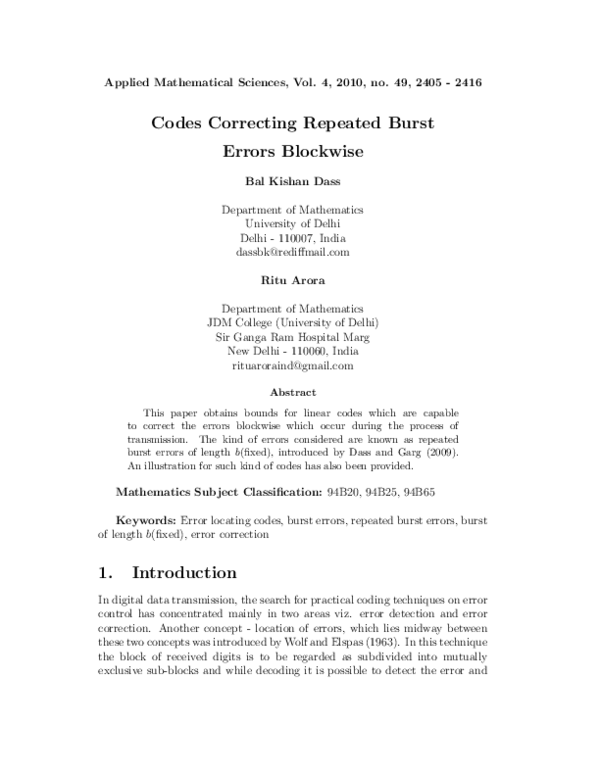 (PDF) Codes Correcting Repeated Burst Errors Blockwise