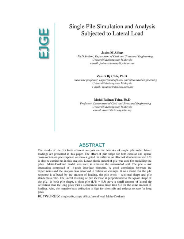(PDF) Single pile simulation and analysis subjected to lateral load