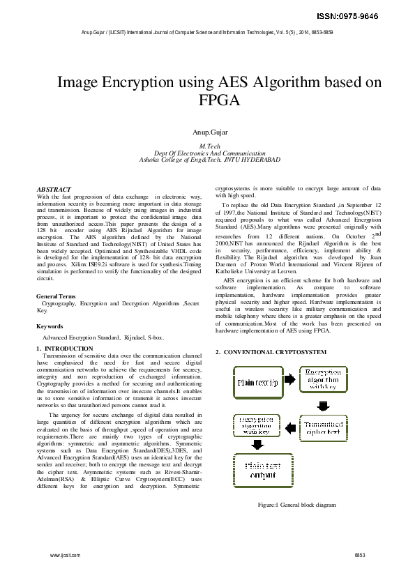 (PDF) Image Encryption using AES Algorithm based on FPGA