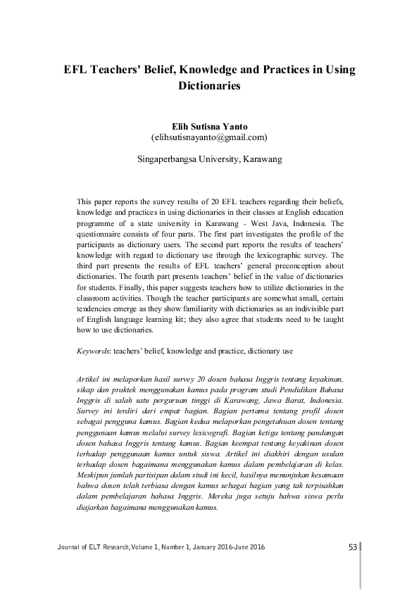 (PDF) EFL Teachers' Belief, Knowledge and Practices in Using Dictionaries