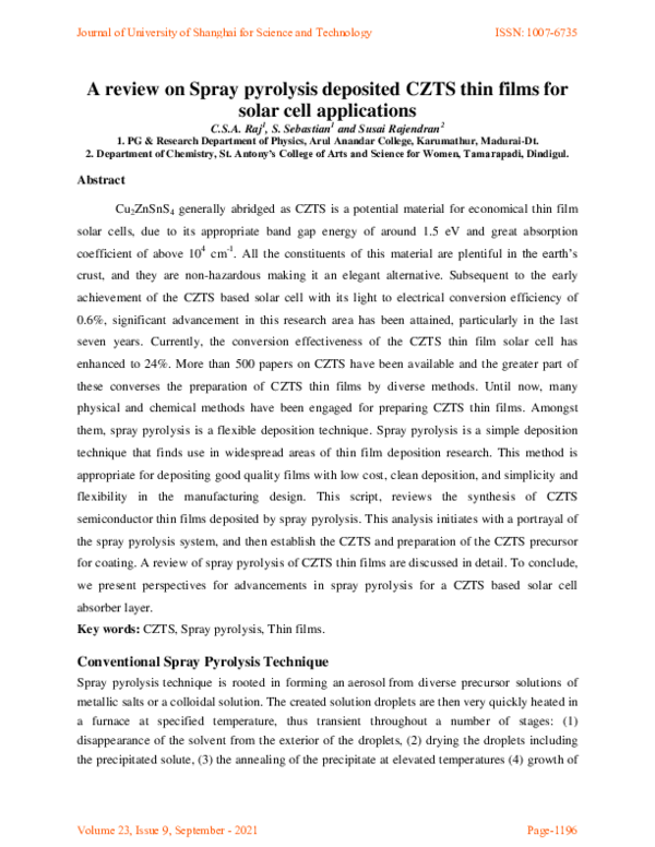 (PDF) A review on Spray pyrolysis deposited CZTS thin films for solar ...