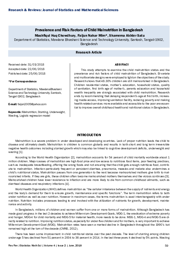 (PDF) Prevalence and Risk Factors of Child Malnutrition in Bangladesh