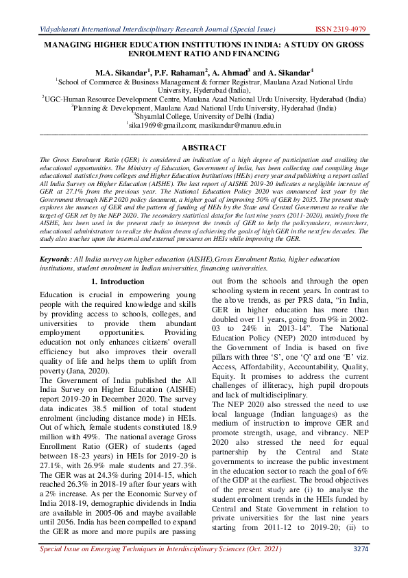(PDF) MANAGING HIGHER EDUCATION INSTITUTIONS IN INDIA: A STUDY ON GROSS ...