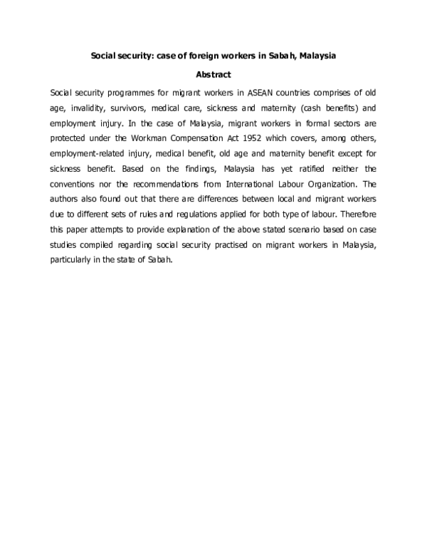 (PDF) Social Security: Case of Foreign Workers in Sabah, Malaysia