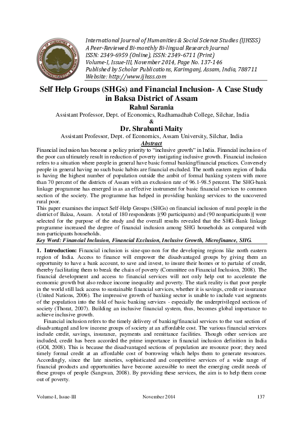 (PDF) Self Help Groups (SHGs) and Financial Inclusion- A Case Study in ...