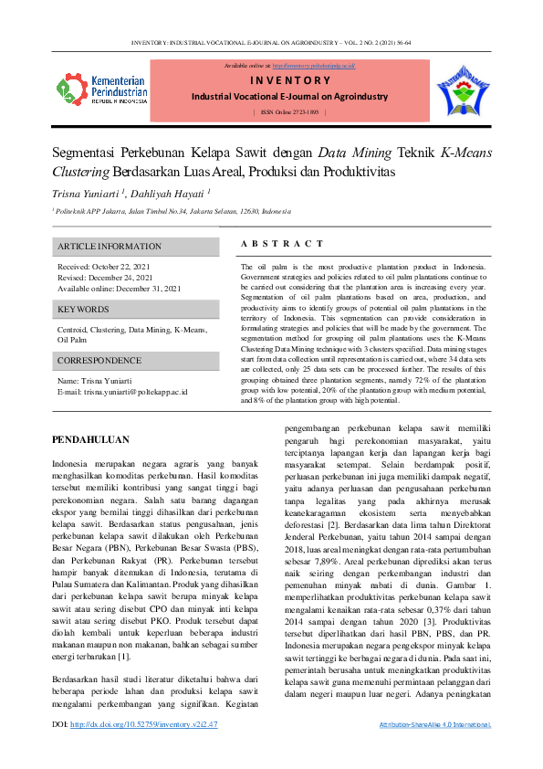  PDF Segmentasi Perkebunan Kelapa Sawit Dengan Data Mining Teknik K 