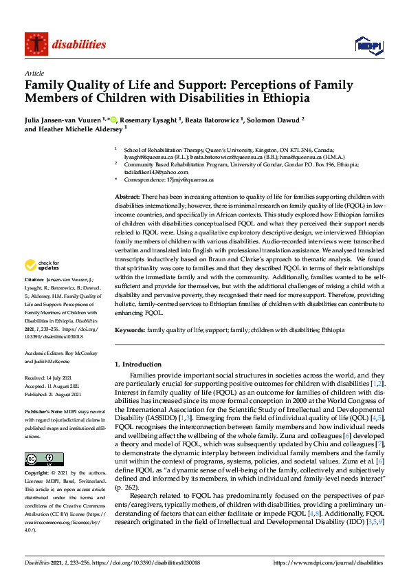 (PDF) Family Quality of Life and Support: Perceptions of Family Members ...