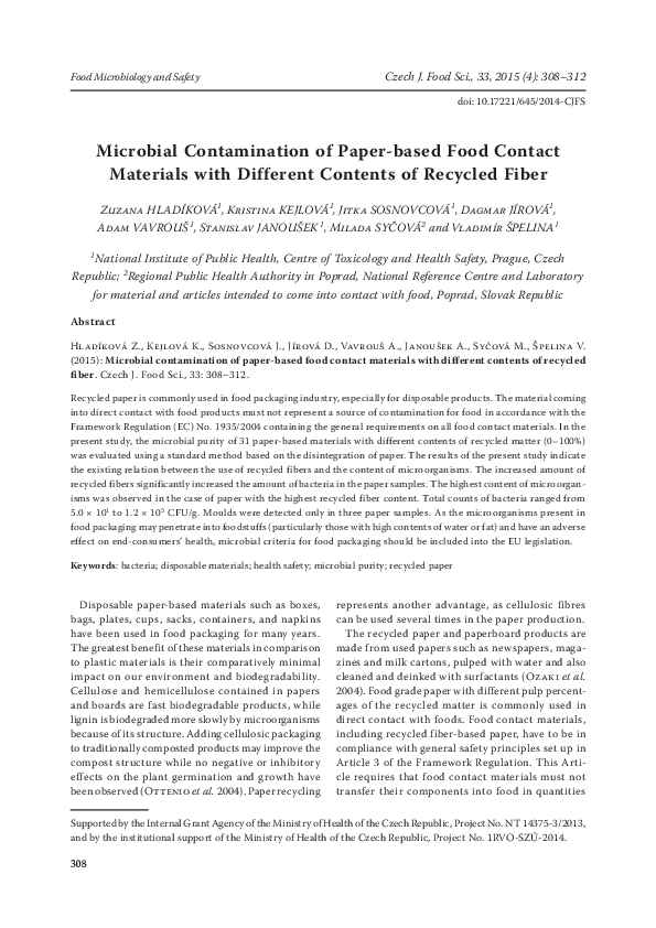 (PDF) Microbial contamination of paper-based food contact materials ...
