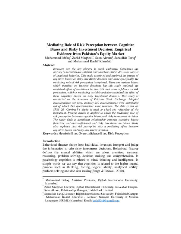 (PDF) Mediating Role of Risk Perception between Cognitive Biases and ...