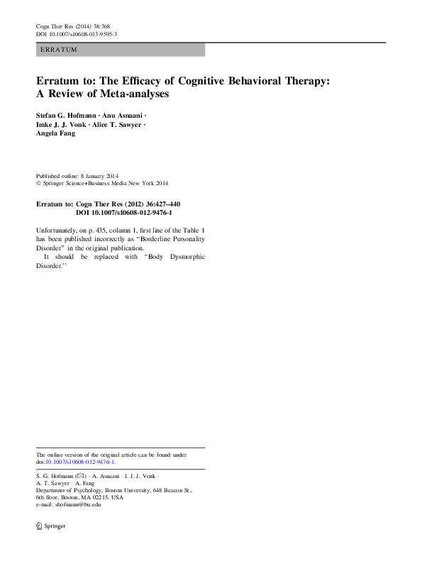 (PDF) Erratum to: The Efficacy of Cognitive Behavioral Therapy: A ...