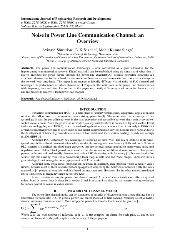 (PDF) Noise in Power Line Communication Channel : an Overview 2
