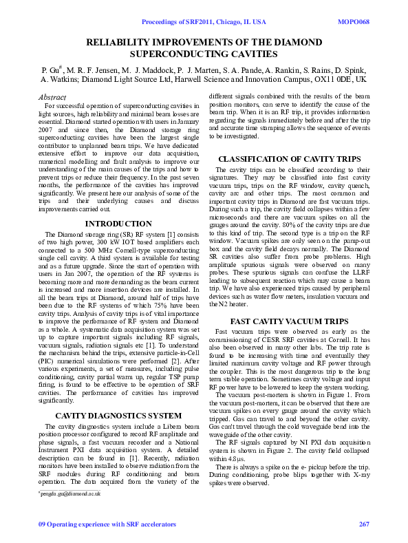 (PDF) Reliability Improvements of the Diamond Superconducting Cavities