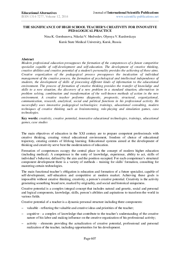 (PDF) THE SIGNIFICANCE OF HIGH SCHOOL TEACHER'S CREATIVITY FOR ...