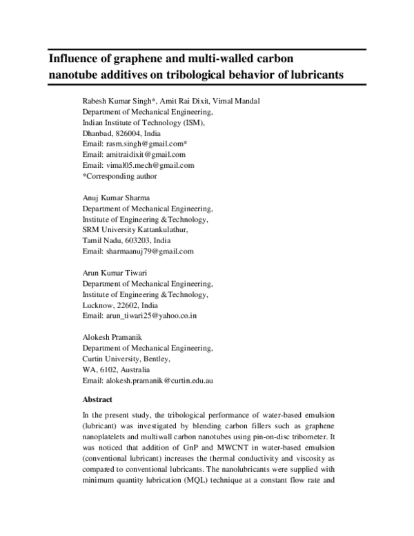 (PDF) Influence of graphene and multi-walled carbon nanotube additives ...