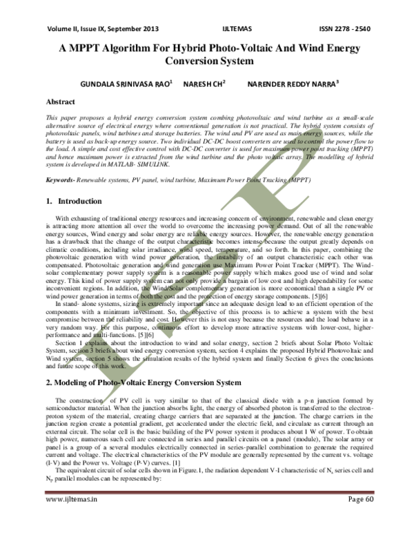 (PDF) A MPPT Algorithm For Hybrid Photo-Voltaic And Wind Energy ...