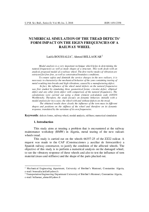 (PDF) Numerical Simulation of the Tread Defects’ Form Impact on the ...
