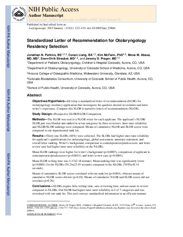 (PDF) Standardized letter of recommendation for otolaryngology ...