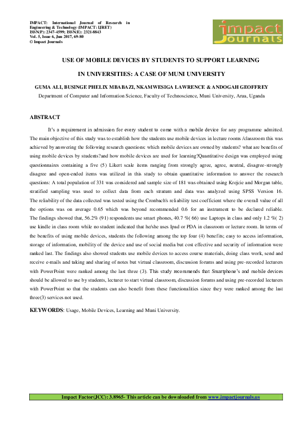 (PDF) Use of mobile devices by students to support learning in ...