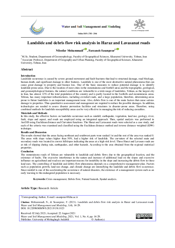 (PDF) Landslide and debris flow risk analysis in Haraz and Lavasanat roads