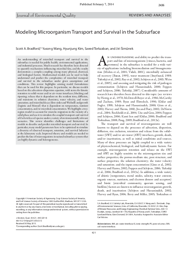 (PDF) Modeling Microorganism Transport and Survival in the Subsurface