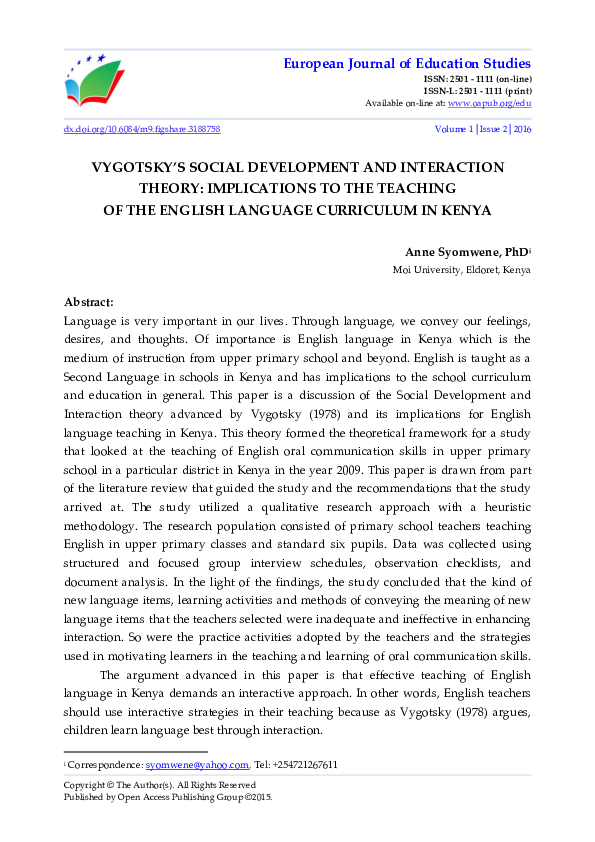 (PDF) Vygotsky’s Social Development and Interaction Theory ...